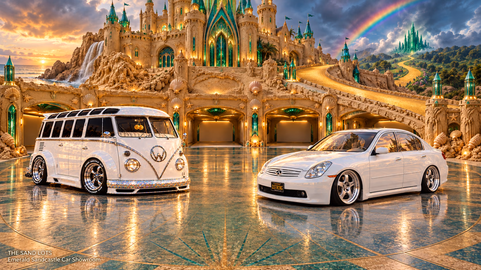 Starlite, a pearl-white custom Volkswagen Samba, parked beside Tony’s white 2006 Infiniti G35x at Emerald Sandcastle Car Showroom on The Sand Lots. A wide fantasy landscape with a discreet location caption at bottom left.