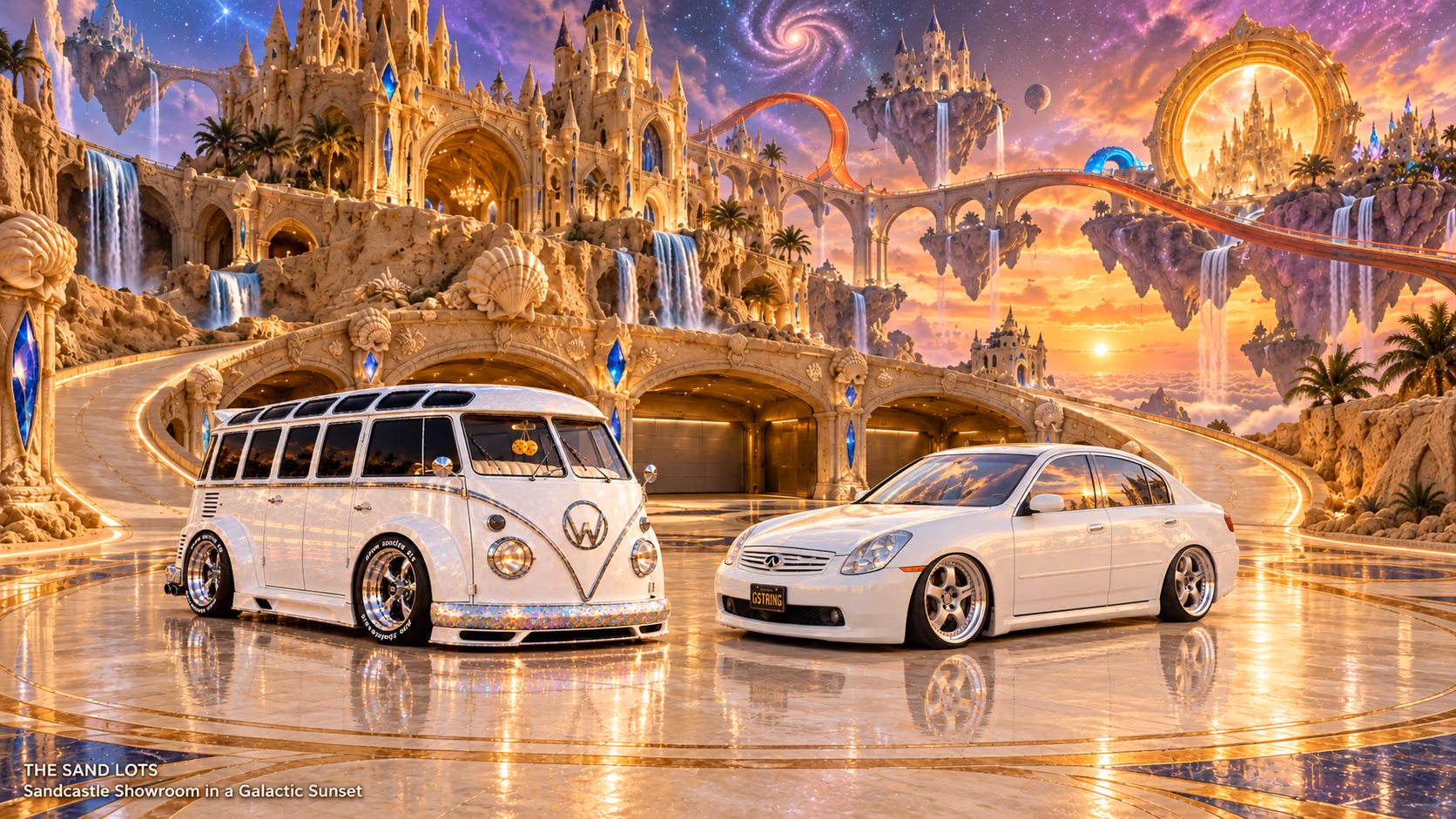 Starlite, a pearl-white custom Volkswagen Samba, parked beside Tony’s white 2006 Infiniti G35x at Sandcastle Showroom in a Galactic Sunset on The Sand Lots. A wide fantasy landscape with a discreet location caption at bottom left.