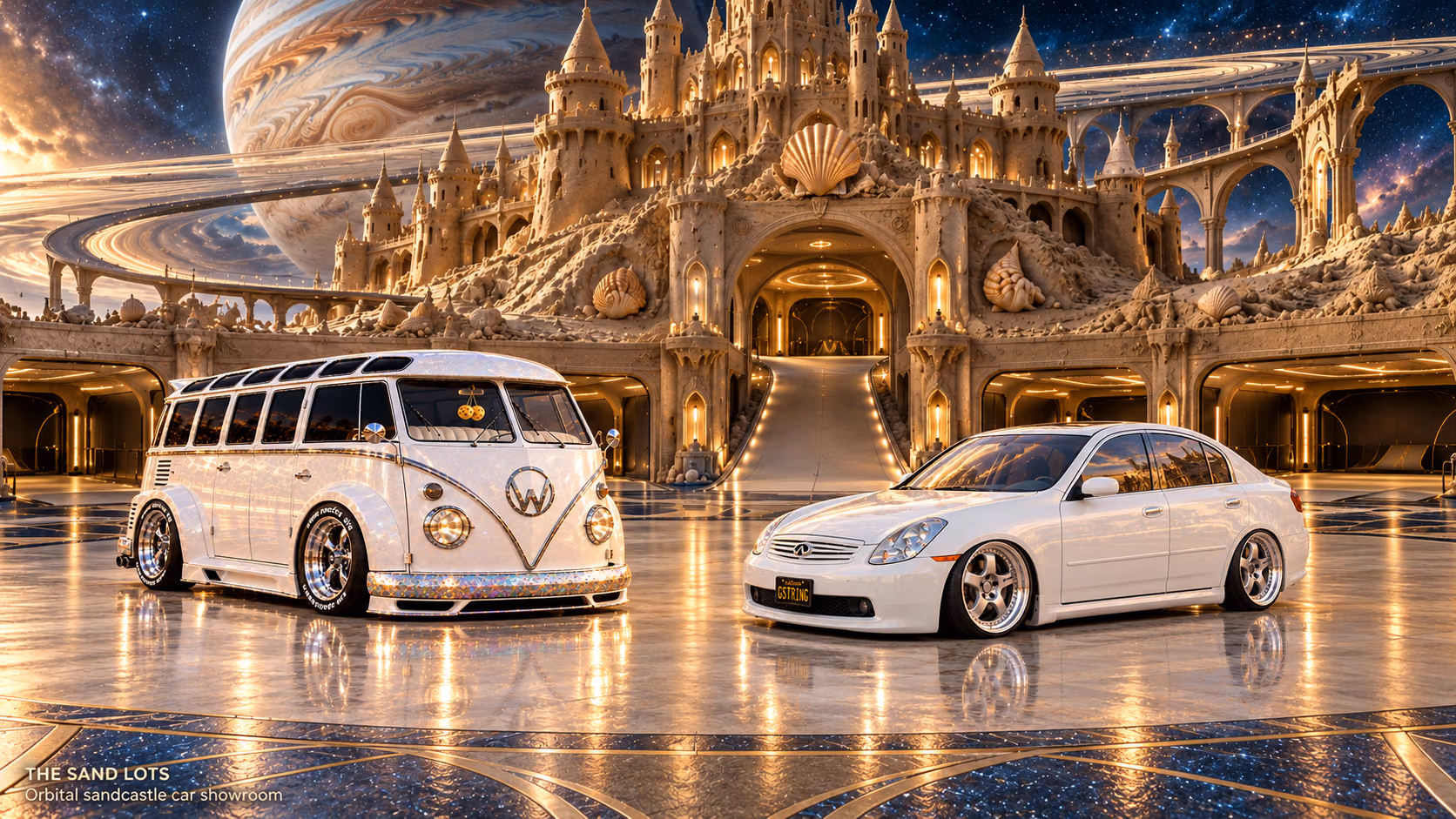 Starlite, a pearl-white custom Volkswagen Samba, parked beside Tony’s white 2006 Infiniti G35x at Orbital sandcastle car showroom on The Sand Lots. A wide fantasy landscape with a discreet location caption at bottom left.