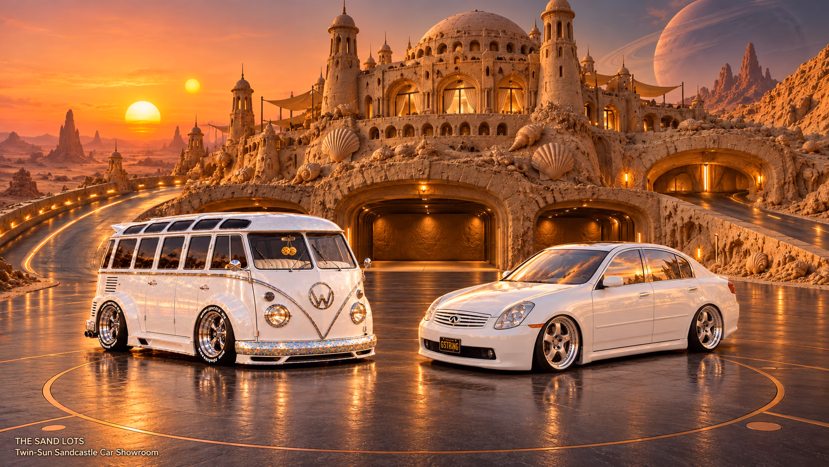 Starlite, a pearl-white custom Volkswagen Samba, parked beside Tony’s white 2006 Infiniti G35x at Twin-Sun Sandcastle Car Showroom on The Sand Lots. A wide fantasy landscape with a discreet location caption at bottom left.