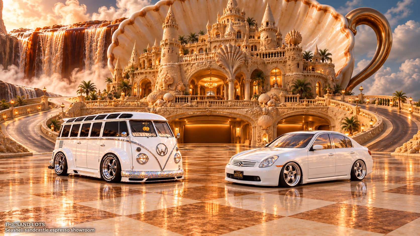 Starlite, a pearl-white custom Volkswagen Samba, parked beside Tony’s white 2006 Infiniti G35x at Seashell sandcastle espresso showroom on The Sand Lots. A wide fantasy landscape with a discreet location caption at bottom left.