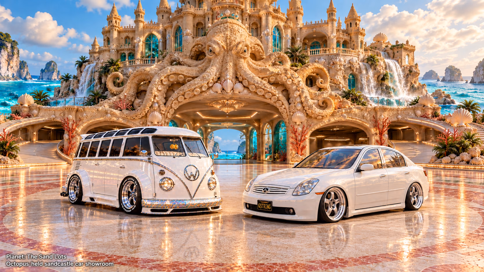 Starlite, a pearl-white custom Volkswagen Samba, parked beside Tony’s white 2006 Infiniti G35x at Octopus-held sandcastle car showroom on The Sand Lots. A wide fantasy landscape with a discreet location caption at bottom left.