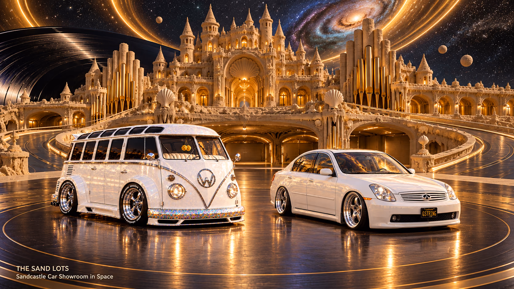 Starlite, a pearl-white custom Volkswagen Samba, parked beside Tony’s white 2006 Infiniti G35x at Sandcastle Car Showroom in Space on The Sand Lots. A wide fantasy landscape with a discreet location caption at bottom left.