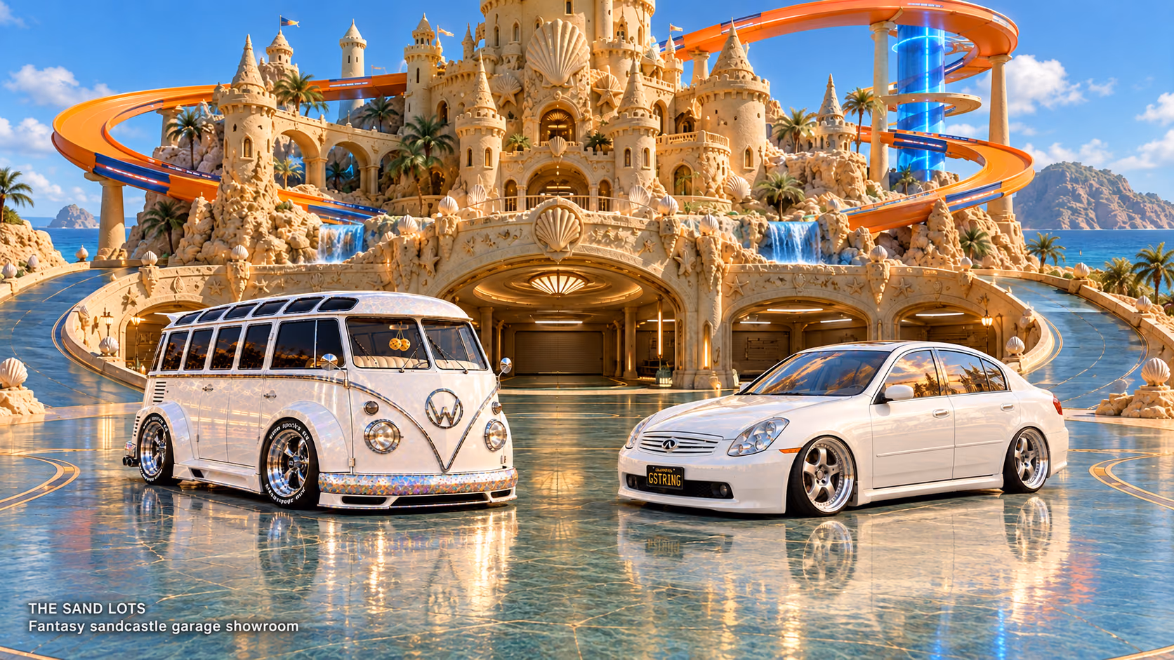 Starlite, a pearl-white custom Volkswagen Samba, parked beside Tony’s white 2006 Infiniti G35x at Fantasy sandcastle garage showroom on The Sand Lots. A wide fantasy landscape with a discreet location caption at bottom left.