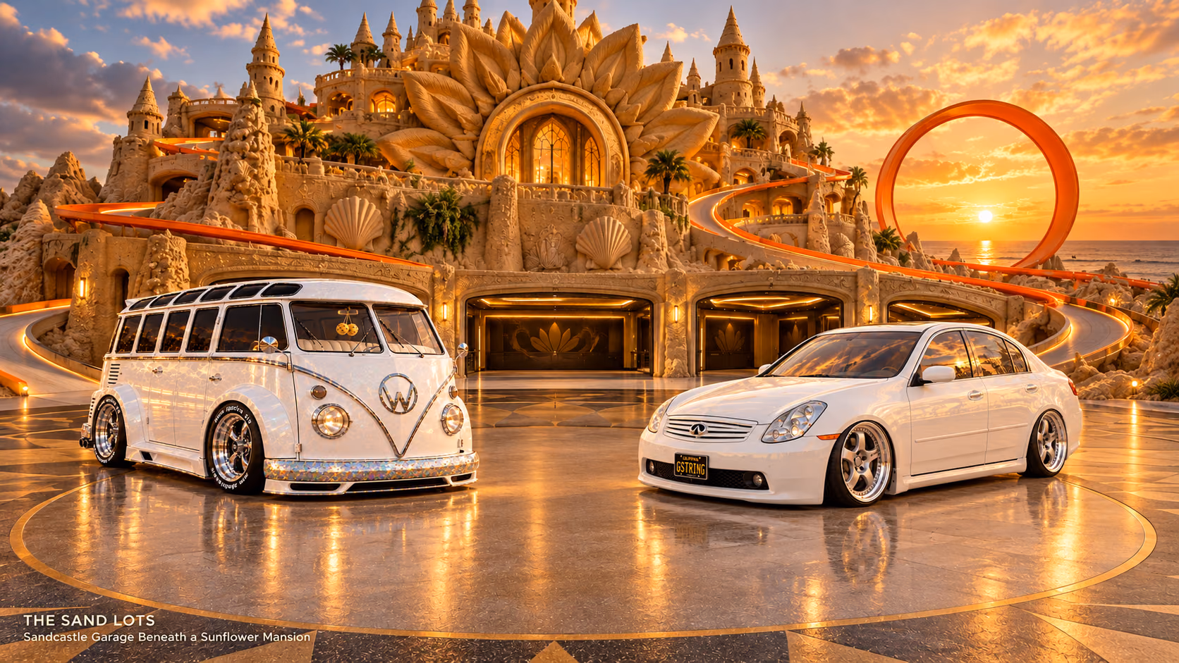 Starlite, a pearl-white custom Volkswagen Samba, parked beside Tony’s white 2006 Infiniti G35x at Sandcastle Garage Beneath a Sunflower Mansion on The Sand Lots. A wide fantasy landscape with a discreet location caption at bottom left.