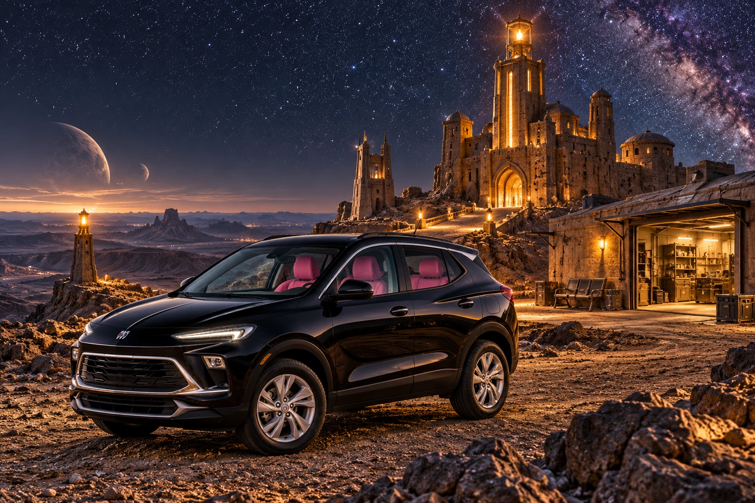 Stormy’s black Skydancer — 2025 Buick Encore GX. Black Buick at Far Beacon Keep. Fictional automotive artwork.