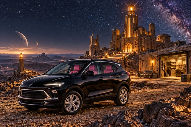 Stormy’s black Skydancer — 2025 Buick Encore GX. Black Buick at Far Beacon Keep. Fictional automotive artwork.