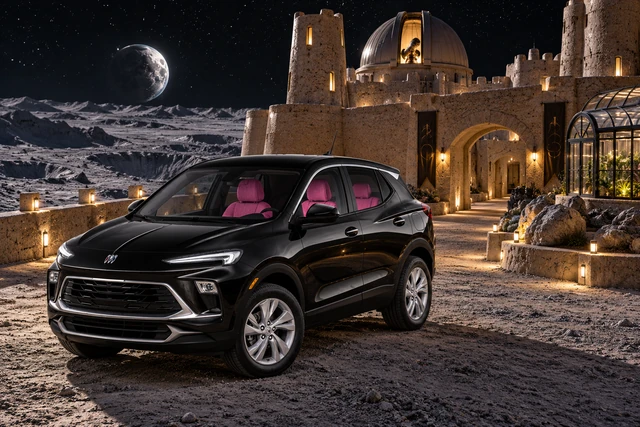 Stormy’s black Skydancer — 2025 Buick Encore GX. Black Buick at Selene’s Moon Keep. Fictional automotive artwork.