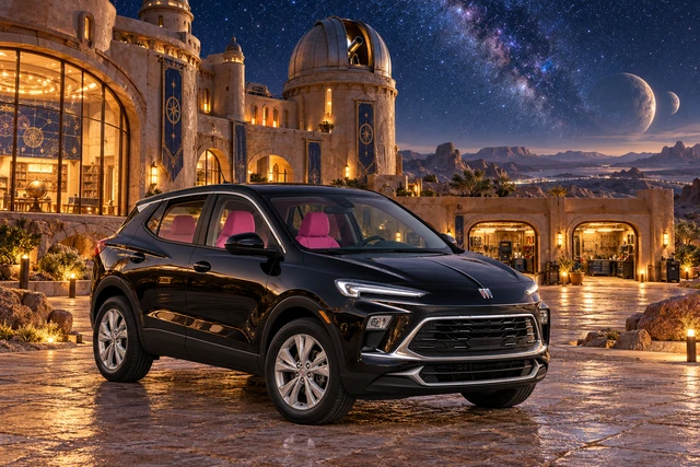 Stormy’s black Skydancer — 2025 Buick Encore GX. Starlit Buick Arrival at Atlas Hearth Castle. Fictional automotive artwork.