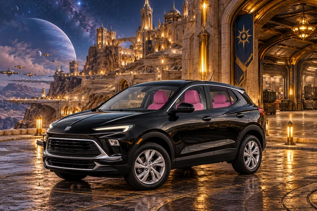Stormy’s black Skydancer — 2025 Buick Encore GX. Black Buick at Open Passage Citadel. Fictional automotive artwork.