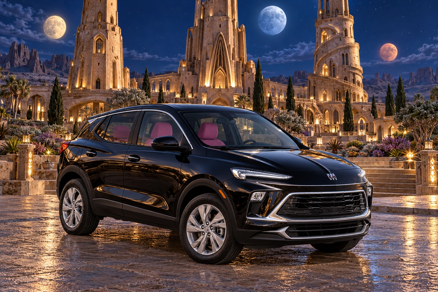 Stormy’s black Skydancer — 2025 Buick Encore GX. Black Buick Beneath Triune’s Three Moons. Fictional automotive artwork.