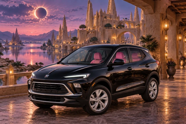 Stormy’s black Skydancer — 2025 Buick Encore GX. Black Buick at Corona Watercourt. Fictional automotive artwork.