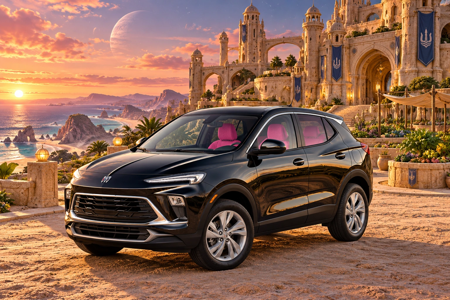 Stormy’s black Skydancer — 2025 Buick Encore GX. Black Buick at Shoreline Assembly Castle. Fictional automotive artwork.