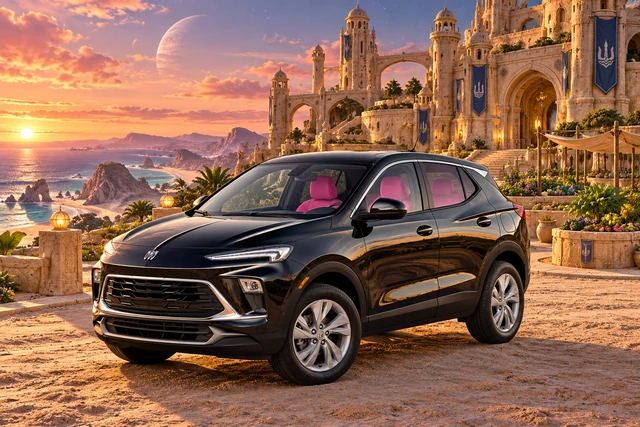Stormy’s black Skydancer — 2025 Buick Encore GX. Black Buick at Shoreline Assembly Castle. Fictional automotive artwork.