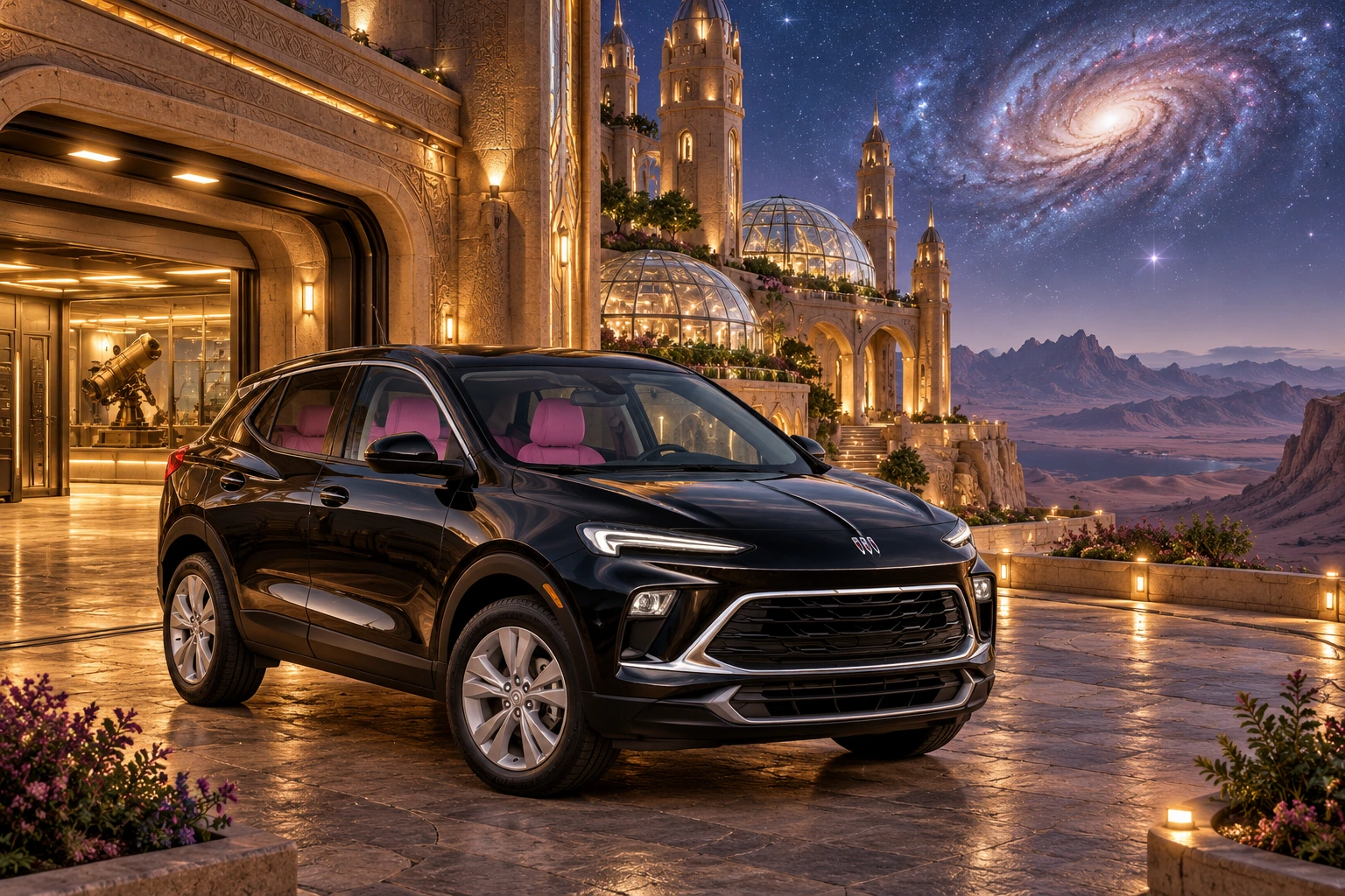 Stormy’s black Skydancer — 2025 Buick Encore GX. Black Buick, pink seats, Far Galaxy Château. Fictional automotive artwork.