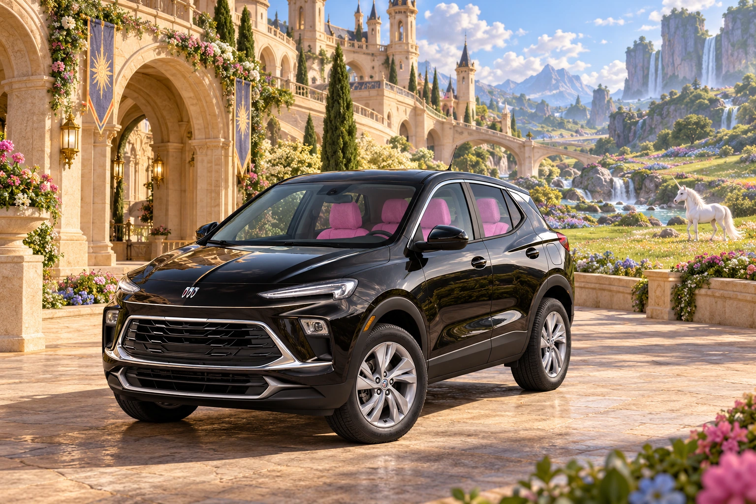 Stormy’s black Skydancer — 2025 Buick Encore GX. Buick at Wishfall's Meadow Castle. Fictional automotive artwork.