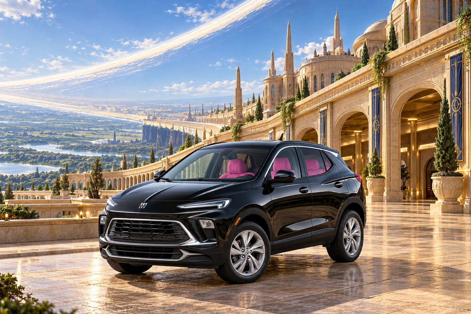 Stormy’s black Skydancer — 2025 Buick Encore GX. Black Buick at Ringworld’s Sand Palace. Fictional automotive artwork.