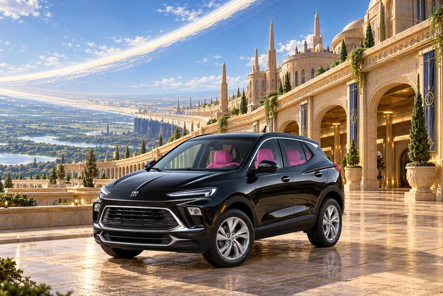 Stormy’s black Skydancer — 2025 Buick Encore GX. Black Buick at Ringworld’s Sand Palace. Fictional automotive artwork.