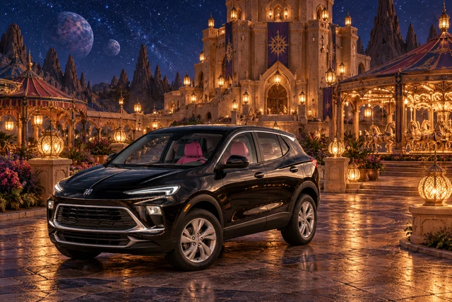 Stormy’s black Skydancer — 2025 Buick Encore GX. Lanternlit Buick at Lanternwright Keep. Fictional automotive artwork.