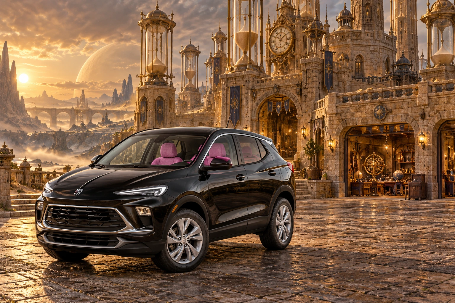 Stormy’s black Skydancer — 2025 Buick Encore GX. Black Buick at Chronara’s Sand Clock Castle. Fictional automotive artwork.