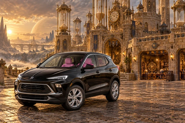 Stormy’s black Skydancer — 2025 Buick Encore GX. Black Buick at Chronara’s Sand Clock Castle. Fictional automotive artwork.