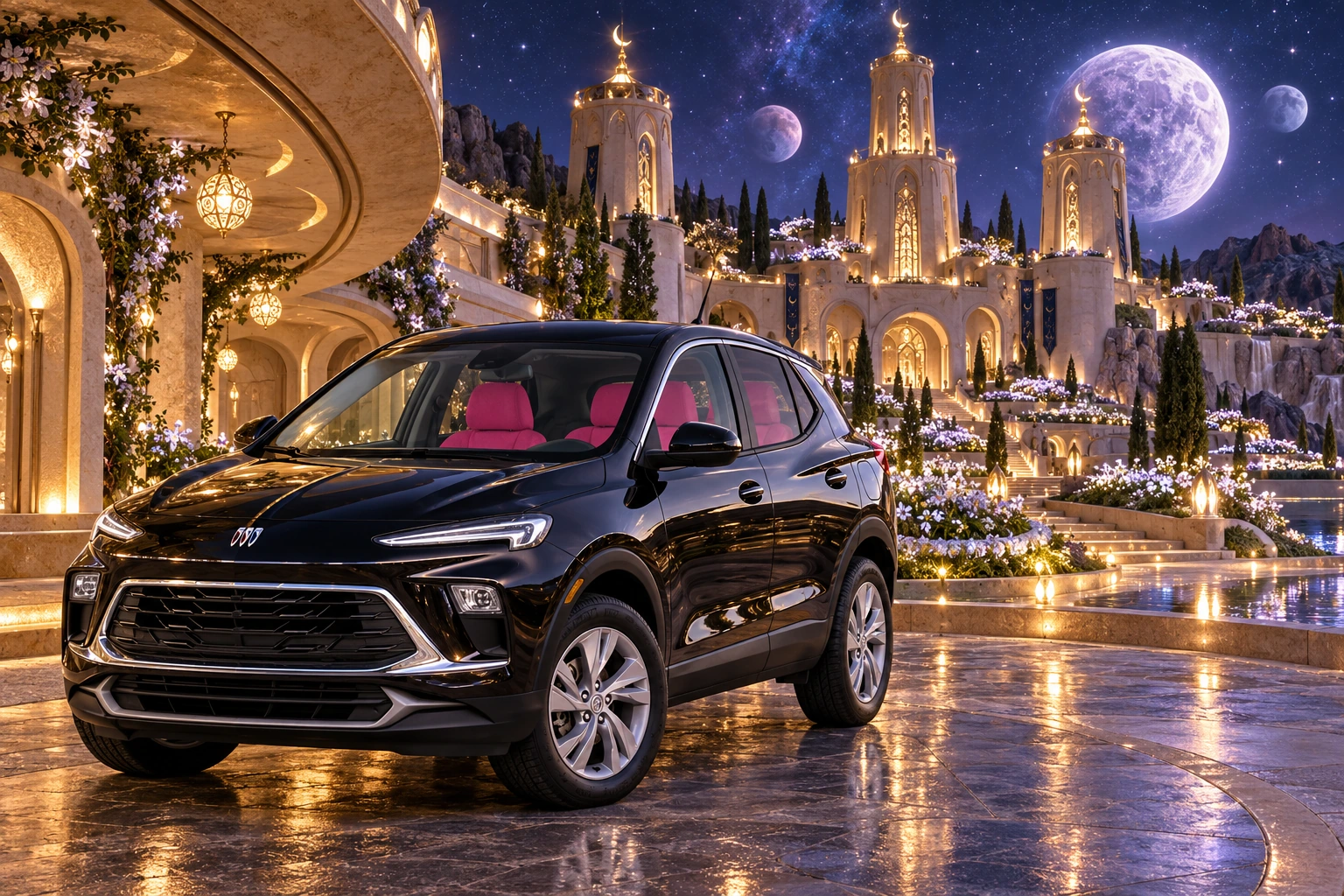 Stormy’s black Skydancer — 2025 Buick Encore GX. Black Buick at Moonbloom Court. Fictional automotive artwork.