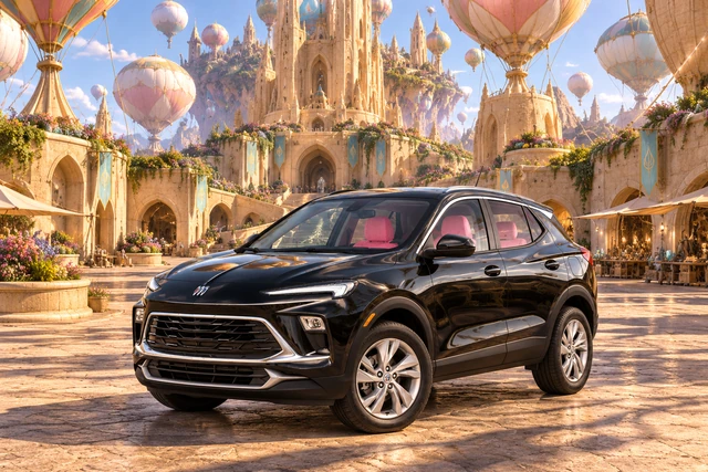 Stormy’s black Skydancer — 2025 Buick Encore GX. Black Buick at Seedwind Citadel. Fictional automotive artwork.