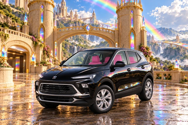 Stormy’s black Skydancer — 2025 Buick Encore GX. Black Buick at Spectrum Gate. Fictional automotive artwork.