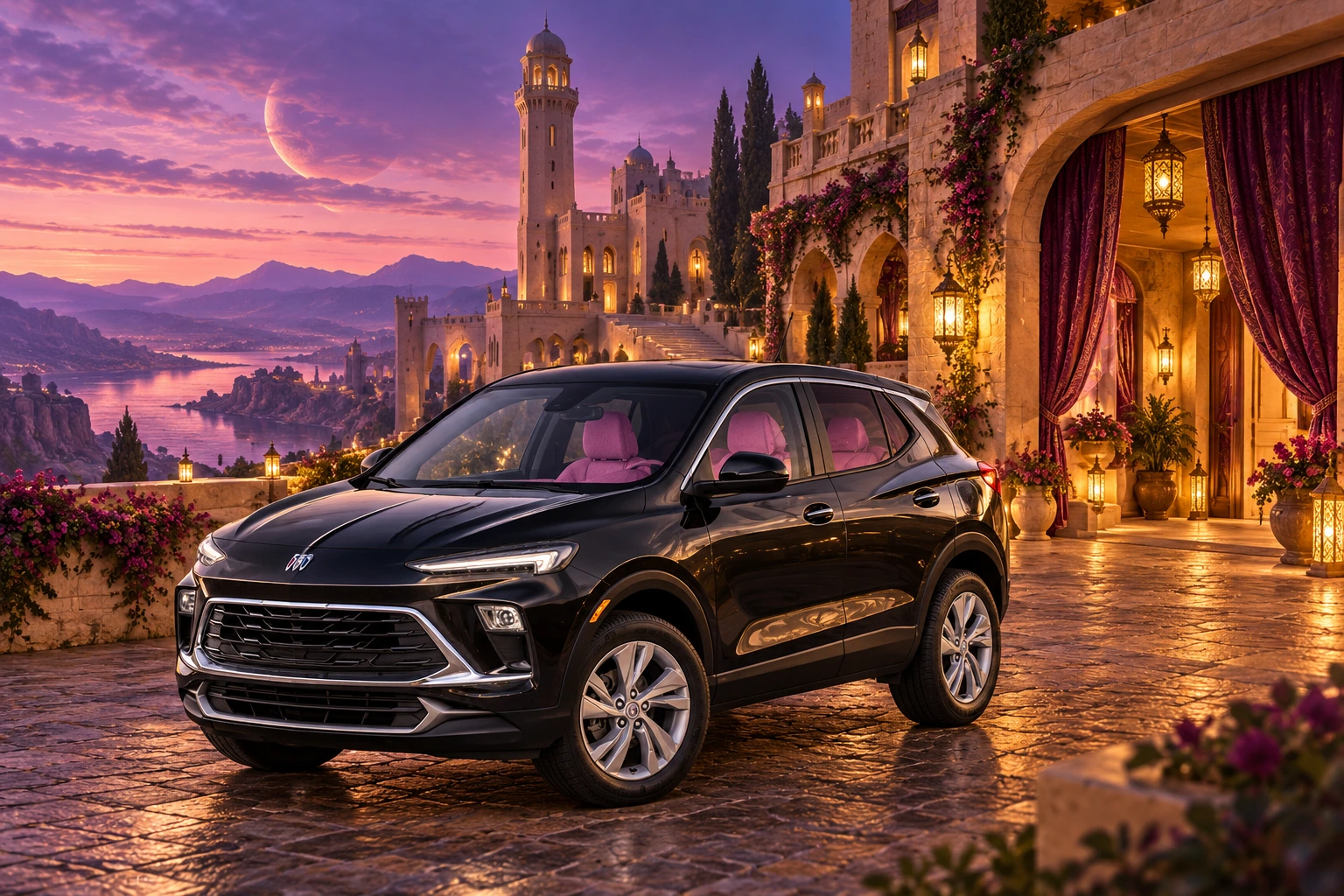 Stormy’s black Skydancer — 2025 Buick Encore GX. Black Buick at Last Porch Keep. Fictional automotive artwork.