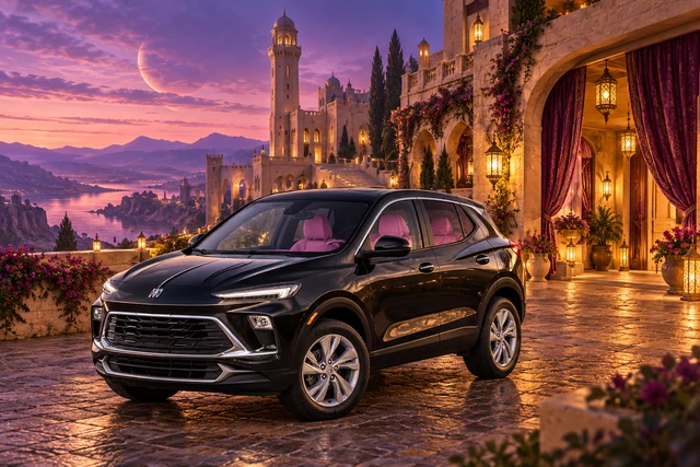 Stormy’s black Skydancer — 2025 Buick Encore GX. Black Buick at Last Porch Keep. Fictional automotive artwork.