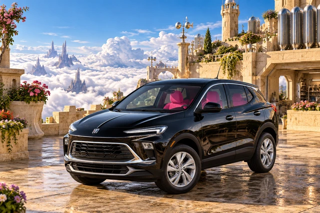 Stormy’s black Skydancer — 2025 Buick Encore GX. Black Buick on Cloudwater Terrace. Fictional automotive artwork.