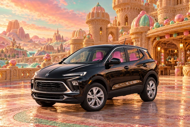 Stormy’s black Skydancer — 2025 Buick Encore GX. Black Buick at Honeygrain Folly. Fictional automotive artwork.