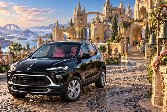 Stormy’s black Skydancer — 2025 Buick Encore GX. Black Buick by the Wayfinder Crown. Fictional automotive artwork.