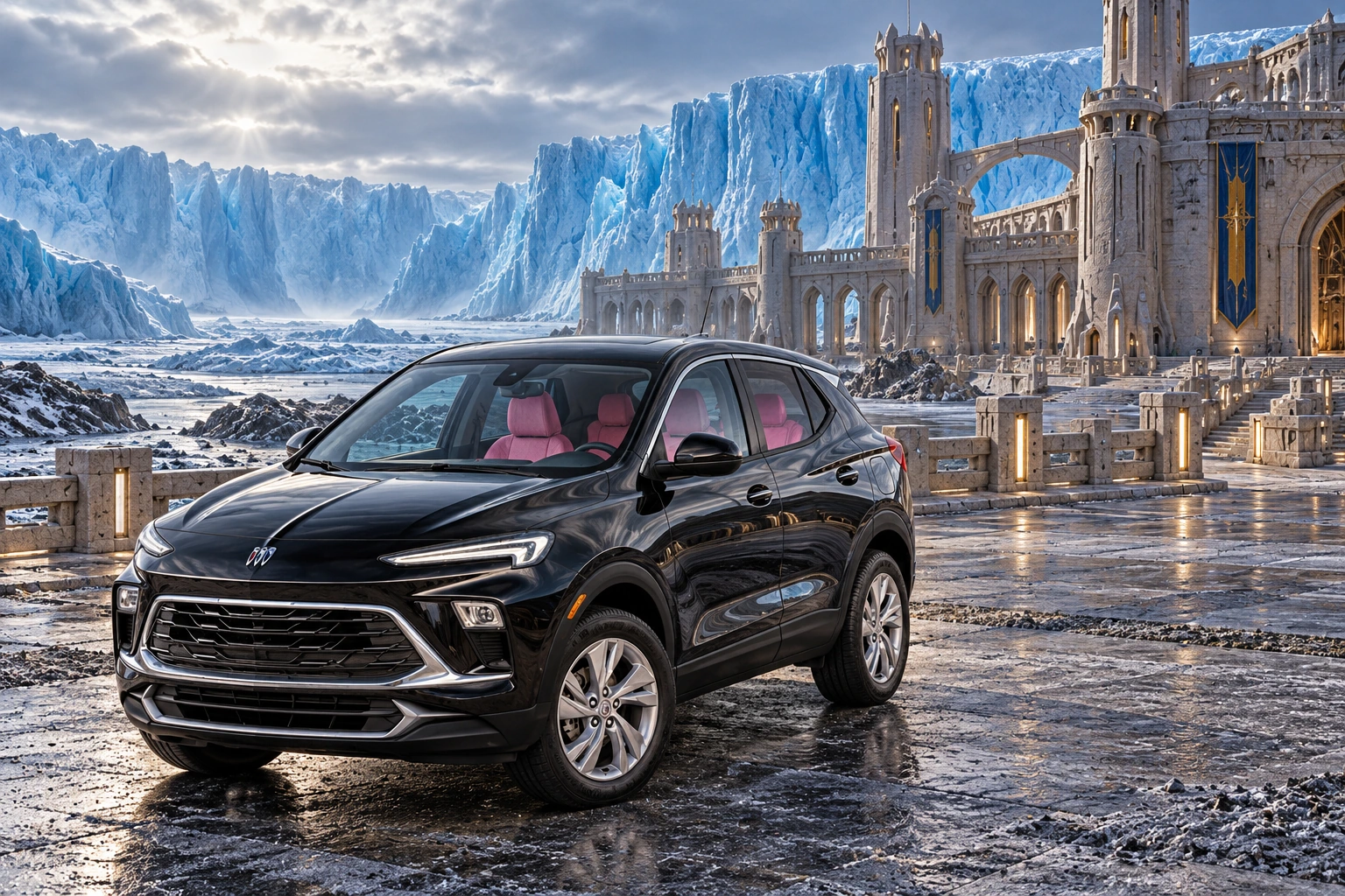 Stormy’s black Skydancer — 2025 Buick Encore GX. Black Buick at the Glacier Citadel. Fictional automotive artwork.
