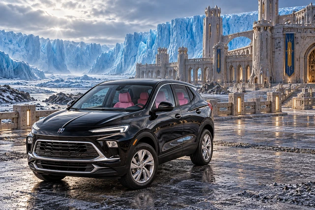 Stormy’s black Skydancer — 2025 Buick Encore GX. Black Buick at the Glacier Citadel. Fictional automotive artwork.