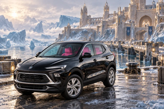 Stormy’s black Skydancer — 2025 Buick Encore GX. Black Buick at Pale Harbor Castle. Fictional automotive artwork.