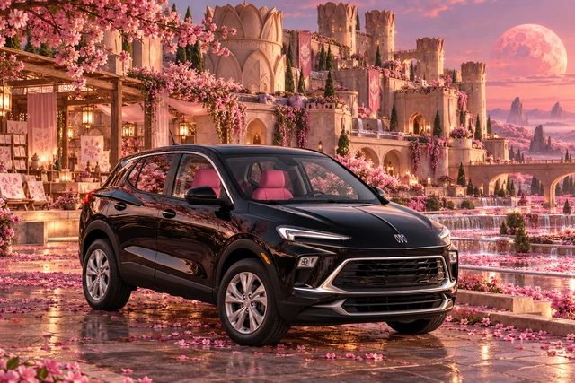Stormy’s black Skydancer — 2025 Buick Encore GX. Black Buick at Blossom Press Château. Fictional automotive artwork.
