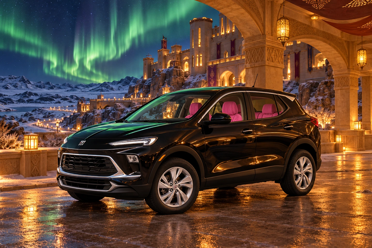 Stormy’s black Skydancer — 2025 Buick Encore GX. Black Buick Beneath the Aurora Castle. Fictional automotive artwork.