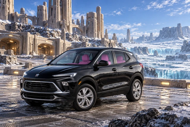 Stormy’s black Skydancer — 2025 Buick Encore GX. Black Buick at Cryostone’s Patient Foundation. Fictional automotive artwork.