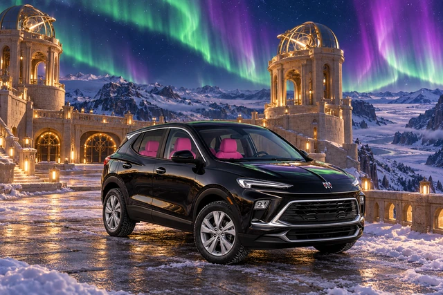 Stormy’s black Skydancer — 2025 Buick Encore GX. Black Buick at Twin Aurora Belvedere. Fictional automotive artwork.