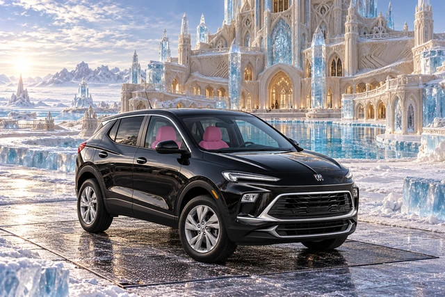 Stormy’s black Skydancer — 2025 Buick Encore GX. Black Buick at the Mereglass Palace. Fictional automotive artwork.