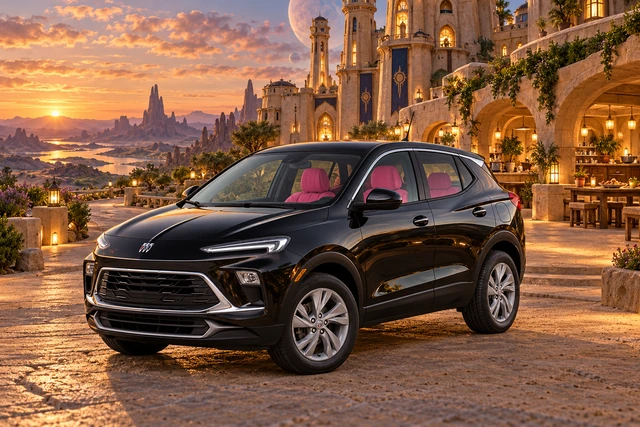 Stormy’s black Skydancer — 2025 Buick Encore GX. Black Buick at Homeward Hearth. Fictional automotive artwork.