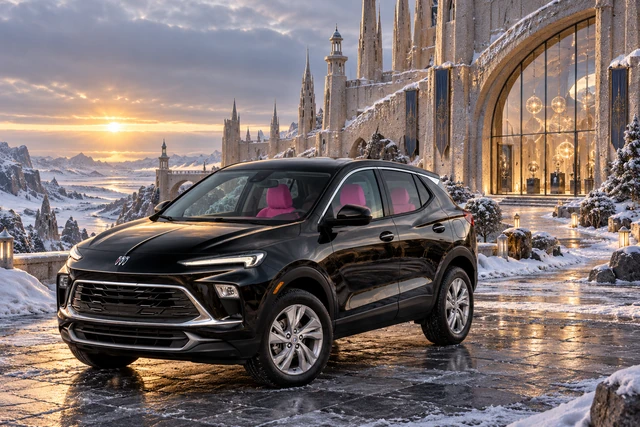 Stormy’s black Skydancer — 2025 Buick Encore GX. Black Buick at Winterlight’s Glazed Atelier. Fictional automotive artwork.