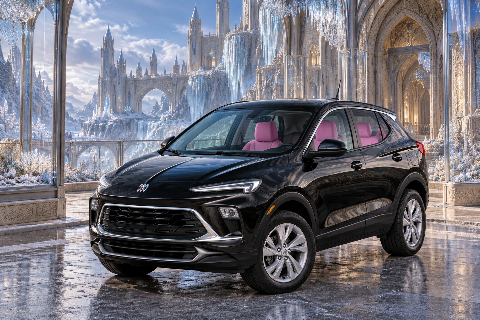 Stormy’s black Skydancer — 2025 Buick Encore GX. Black Buick at Rimefall’s Frost Keep. Fictional automotive artwork.