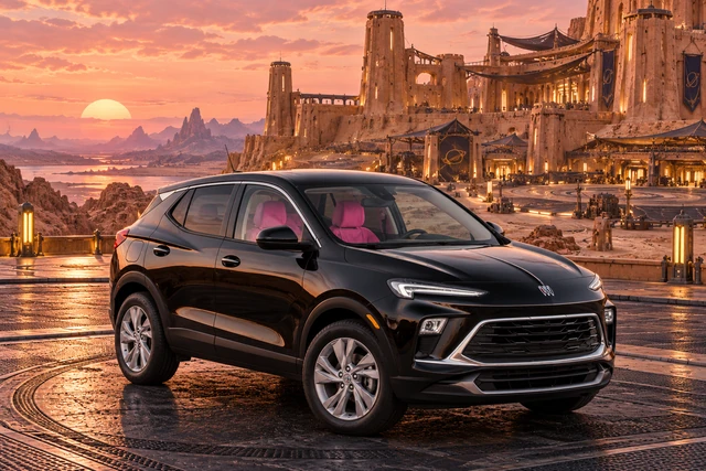 Stormy’s black Skydancer — 2025 Buick Encore GX. Black Buick at Nine Courtyards Bastion. Fictional automotive artwork.