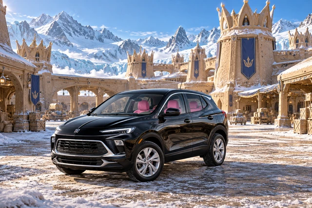Stormy’s black Skydancer — 2025 Buick Encore GX. Black Buick at Crownpass Granary. Fictional automotive artwork.