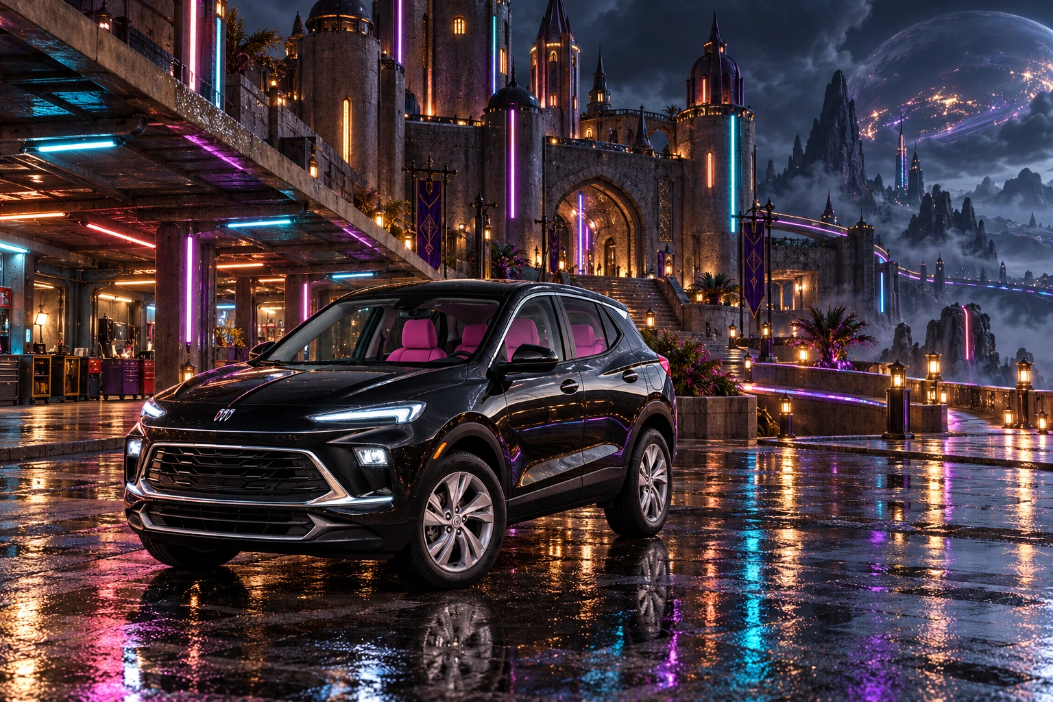 Stormy’s black Skydancer — 2025 Buick Encore GX. Black Buick Under Neon Castle Rain. Fictional automotive artwork.