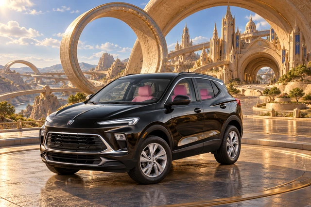 Stormy’s black Skydancer — 2025 Buick Encore GX. Black Buick Beneath Looplight’s Sand Arches. Fictional automotive artwork.