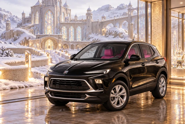 Stormy’s black Skydancer — 2025 Buick Encore GX. Black Buick at Snowglass Castle. Fictional automotive artwork.