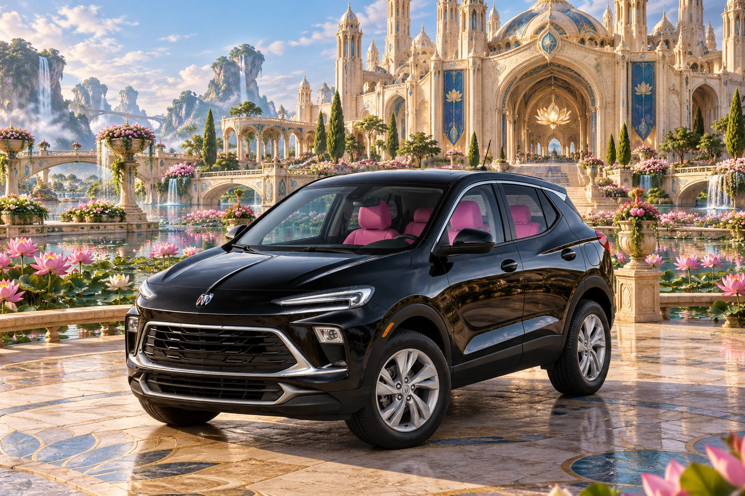 Stormy’s black Skydancer — 2025 Buick Encore GX. Black Buick at the Lotus Palace. Fictional automotive artwork.